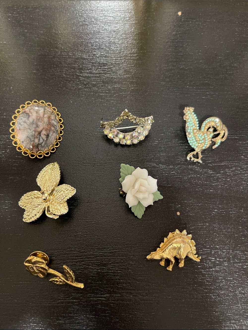 Vintage Gold-Tone Floral and Novelty Brooch Set with Turquoise & White Accents